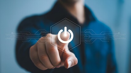Man Pressing Power Button on Futuristic Digital Interface – Technology Startup Concept