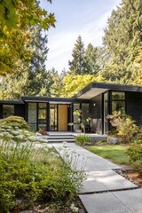 Fototapeta premium Modern architectural design creates an inviting entrance surrounded by lush greenery on a sunny day in a serene residential area