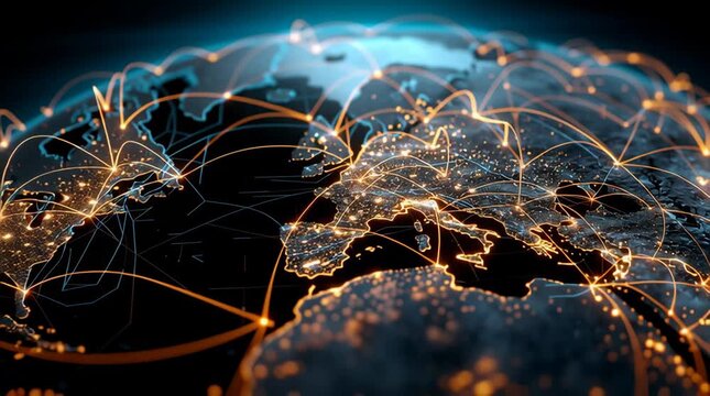Global network connection glowing lines linking cities across Europe and surrounding regions showing digital communication data flow and transfer