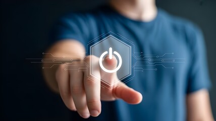 Man Pressing Power Button on Futuristic Digital Interface – Technology Startup Concept