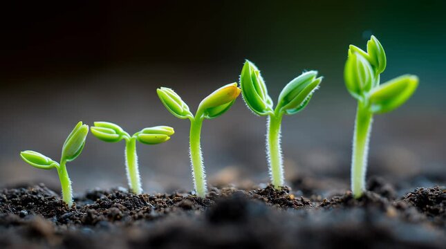 Young green plant sprout and seedling growth stages in fertile soil with natural light showing development and fresh life in nature