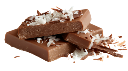 Delicious milk chocolate pieces with coconut flakes and chocolate shavings