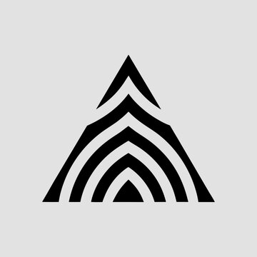 Abstract geometric black and white mountain peak with layered chevron shapes on a light gray background logo
