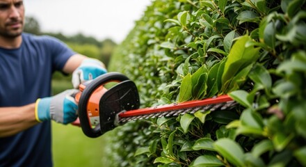 Man trims hedge with electric trimmer, wearing gloves. Blurred background