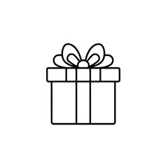 A black and white line drawing of a gift box tied with a ribbon and a bow, representing a present or surprise.