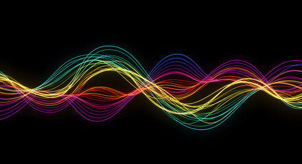 Dynamic flowing waves of luminous multicolored neon light trails.