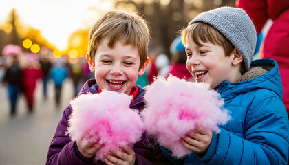 Two young boys, one with blond hair and the other with brown hair, smile while holding pink cotton candy. They are outdoors during a festive event.