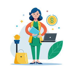 Confident Business Woman Holding Money Bag and Laptop – Financial Success, Wealth Management, Online Income, Investment Concept Vector Illustration