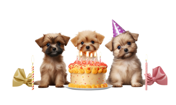 Adorable baby dog, cat, rabbit birthday celebration with cakes