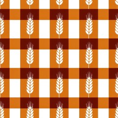 Fototapeta premium Seamless pattern featuring a checkered design with alternating orange and white squares, adorned with stylized wheat sheaves in a contrasting color.