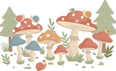 Whimsical forest scene featuring adorable snails and colorful mushrooms, creating a dreamy woodland illustration for children's designs and fantasy themes