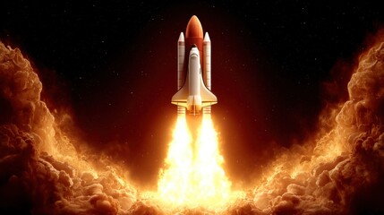 Rocket launching into space with fiery exhaust and billowing clouds of smoke