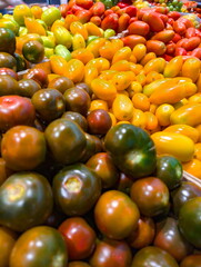 Fresh colorful tomatoes displayed at a market showcasing variety and vibrancy during the afternoon hours of a bustling shopping day