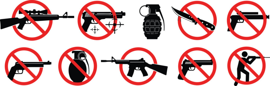 Prohibited Weapons Sign, No Guns, No Knives, No Grenades, Safety Warning, Security Notice, Weapon-Free Zone, Anti-Violence, Vector Illustration