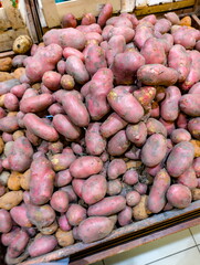 Freshly harvested sweet potatoes displayed at a local market during the afternoon, showcasing a variety of sizes and colors