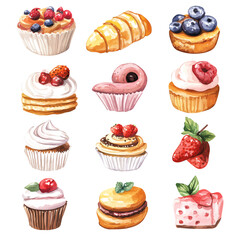 My watercolor delicious pastries, cupcakes, and cake illustration isolated on a white background, AI painting style, vector set available in EPS format. Hand-painted watercolor design, vectorized