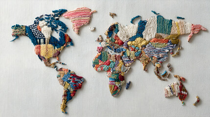 Embroidered World Map Colorful Stitched Continents on Textured Canvas.