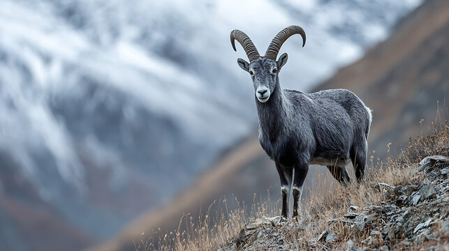 A bharal (blue sheep) standing on a steep Himalayan hill, horns arched proudly, camera focused on its muscular frame, blurred snowy peaks in background, cinematic mountain drama.