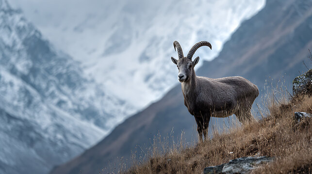 A bharal (blue sheep) standing on a steep Himalayan hill, horns arched proudly, camera focused on its muscular frame, blurred snowy peaks in background, cinematic mountain drama.