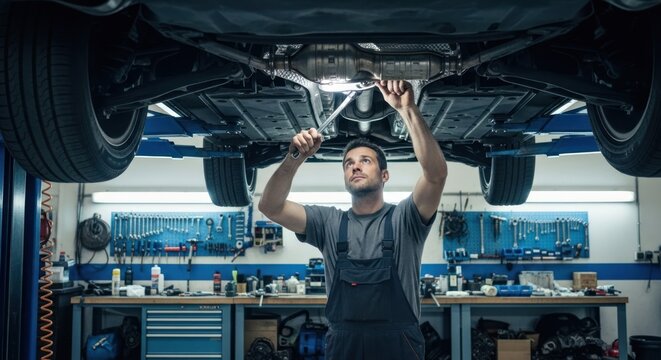 Mechanic works underneath raised car in auto shop, focused on repair