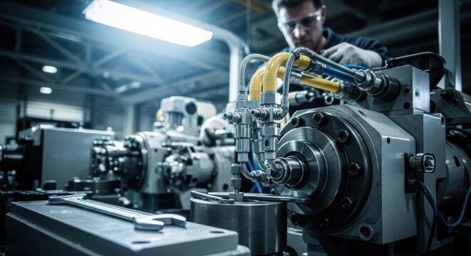 Mechanic working on large machine, complex pipes, industrial setting, focus