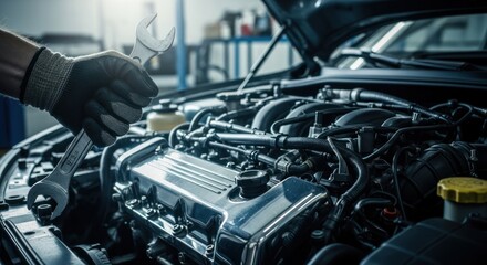 Mechanic's Hand Holding a Wrench near Car Engine