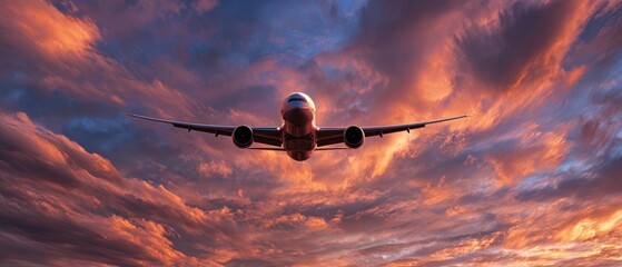 The airplane soaring majestically through a vibrant sunset sky