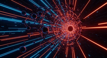 Abstract 3d rendering of a futuristic tunnel with glowing neon lights and spheres, creating a dynamic and visually captivating background for various applications