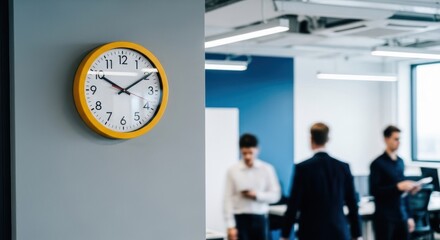Office clock, yellow frame, gray wall; blurred figures in background