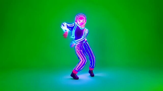 A person in neon suit holding baseball bat green screen animated chromakey background gesture motion movement scene elements composition illustration cartoonish layers backgrounds frame