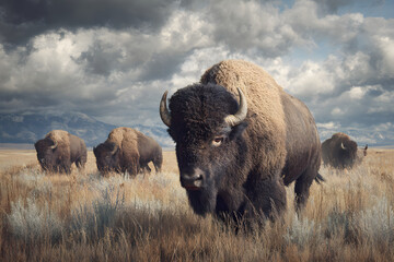 Majestic Bison Herd Roaming Free in Expansive Prairie Landscape: Embracing Nature’s Beauty and Preserving Wildlife’s Heritage in a Tranquil Environment