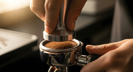 Closeup of a baristas hands tamping fresh ground coffee in a shiny metal portafilter.