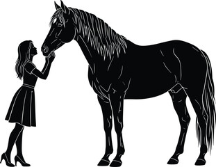 Woman Touching Horse Silhouette, Peaceful Interaction, Human Animal Bond, Equestrian Relationship, Black and White Art, Gentle Connection, Emotional Moment, Nature, Calm