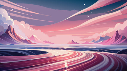 Vibrant lines of light streak across a fantastical night highway, an abstract background of colorful stars, mountains, and clouds blurring with the speed of a racing car