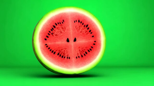 A slice of watermelon on green background green screen animated chromakey background scene cartoonish expression creative colorful elements illustration design layers emotion motion
