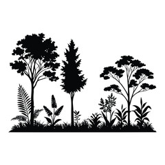 Foliage silhouette. This image shows a black silhouette of various trees and plants against a white background, depicting a natural forest scene. 
