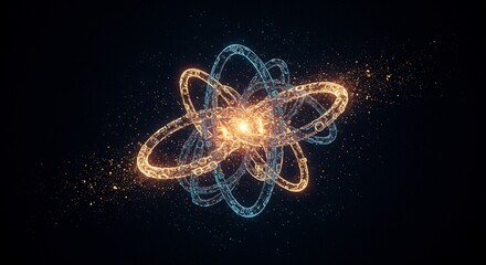 A mesmerizing 3d render of an atom with glowing orbits and particles, showcasing the beauty and complexity of quantum physics and scientific exploration