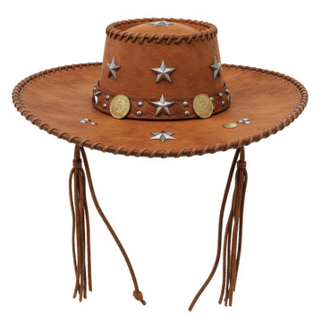 Meticulously crafted traditional Brazilian Canga&ccedil;eiro Piau&iacute; hat made of rich brown leather with intricate stitching, silver stars, rivets, golden coins, and frayed tassels, isolated on a white