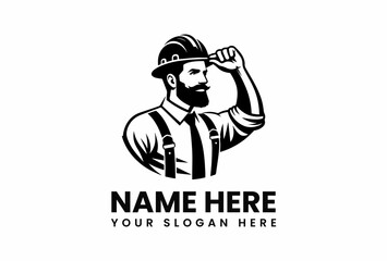 Black and White Graphic of a Bearded Man Wearing a Hard Hat and Suspenders.