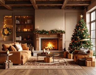 modern living room with christmas tree