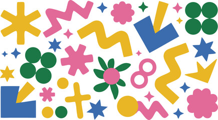 Colorful Abstract Pattern with Geometric Shapes, Stars, Flowers, and Zigzags on White Background