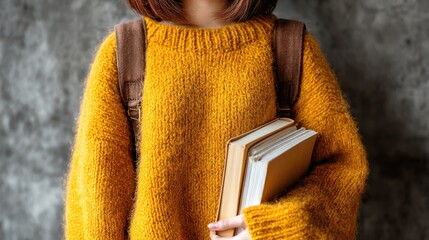 Person in yellow sweater holding books with backpack
