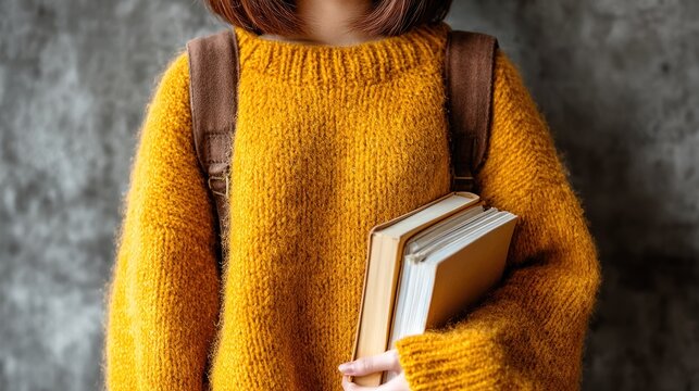 Person in yellow sweater holding books with backpack - Powered by Adobe