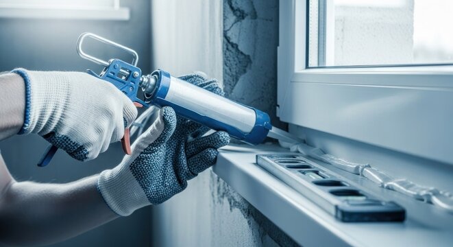 Person sealing a window frame with caulk gun, gloved hands visible