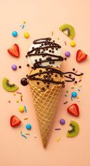 Delicious double scoop ice cream in a waffle cone with chocolate drizzle, sprinkles, and fresh fruit.
