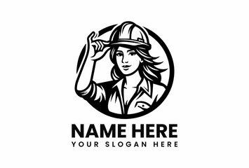 Confident Female Construction Worker in a Circular Logo Design.
