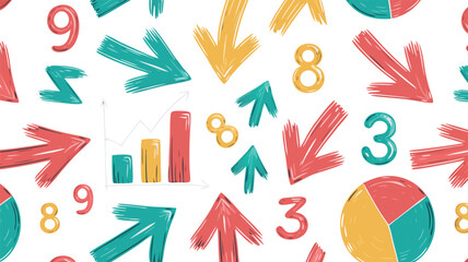 Colorful Pattern Featuring Arrows, Charts, and Numbers A Business and Finance Illustration