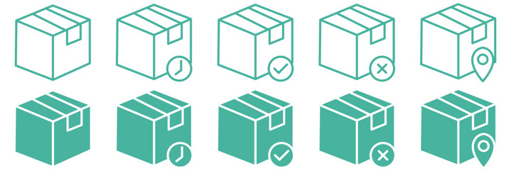 delivery icon set Contains Open Box, Package Return, Wooden Crate Carton, product Packaging boxes Icons. Priority Shipping, Express, Delivery. product, gift, box, package product management, cube icon