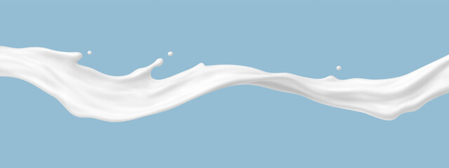 Realistic milk splash wave on blue background. Vector dairy concept