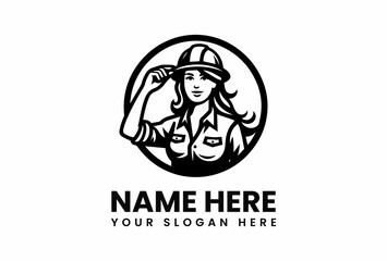 Confident female construction worker in hard hat monochrome logo design.